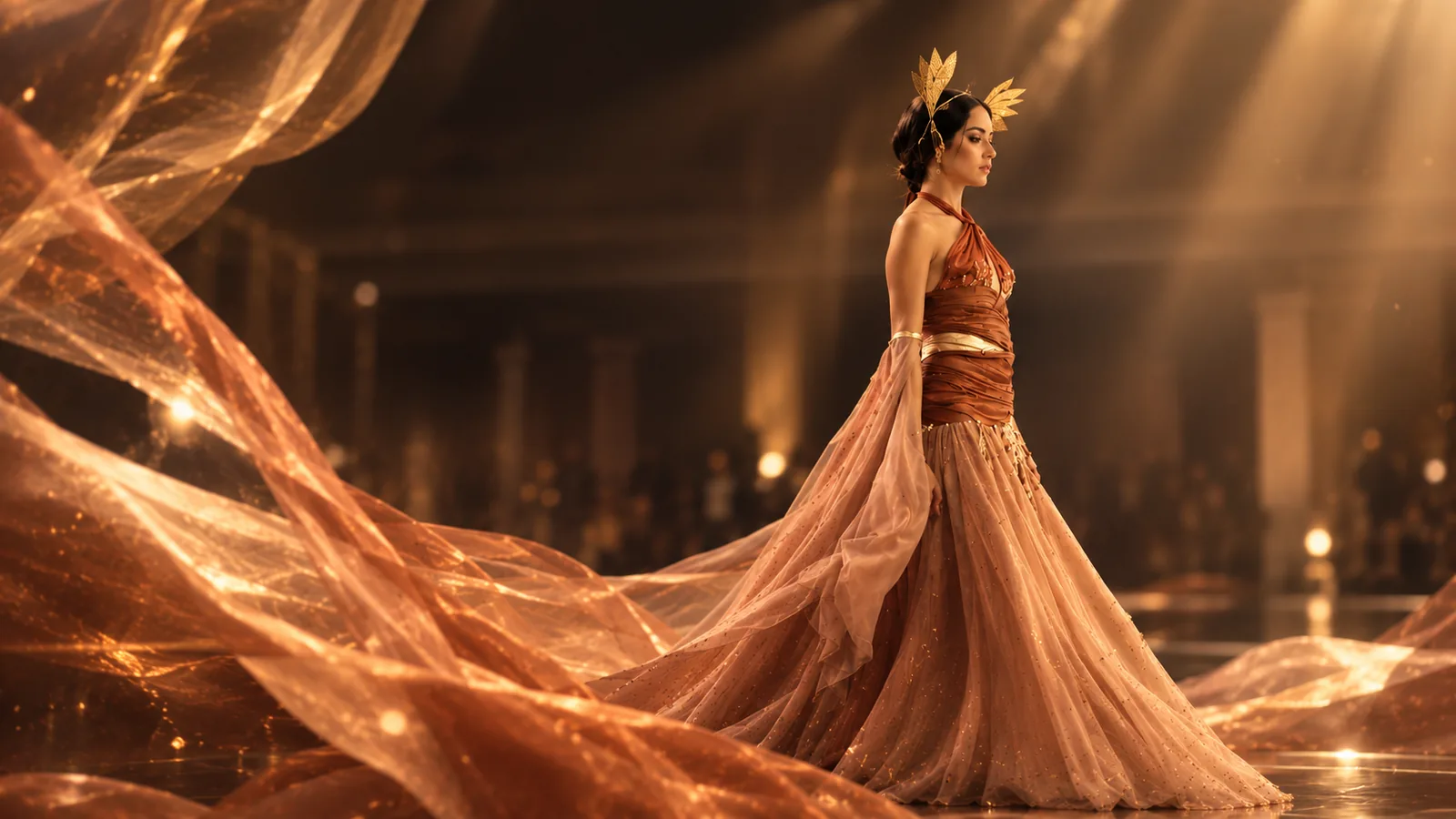 Modelo en pasarela con vestido de Cielos Griegos: terracota drapeado, tul dorado y tocado de laurel